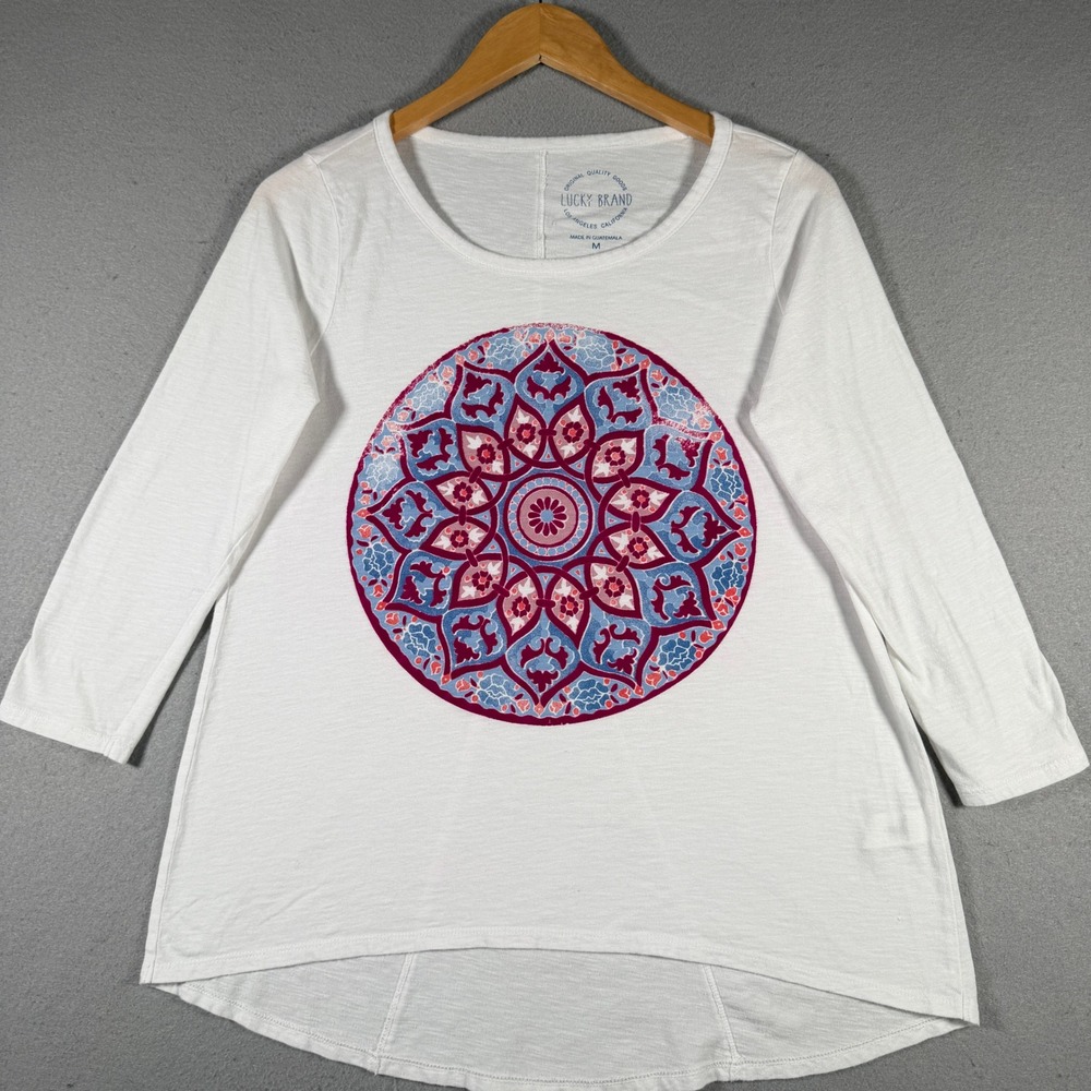 Lucky Brand‎ White Mandala Graphic High Low 3/4 Sleeve Top Women M Cotton